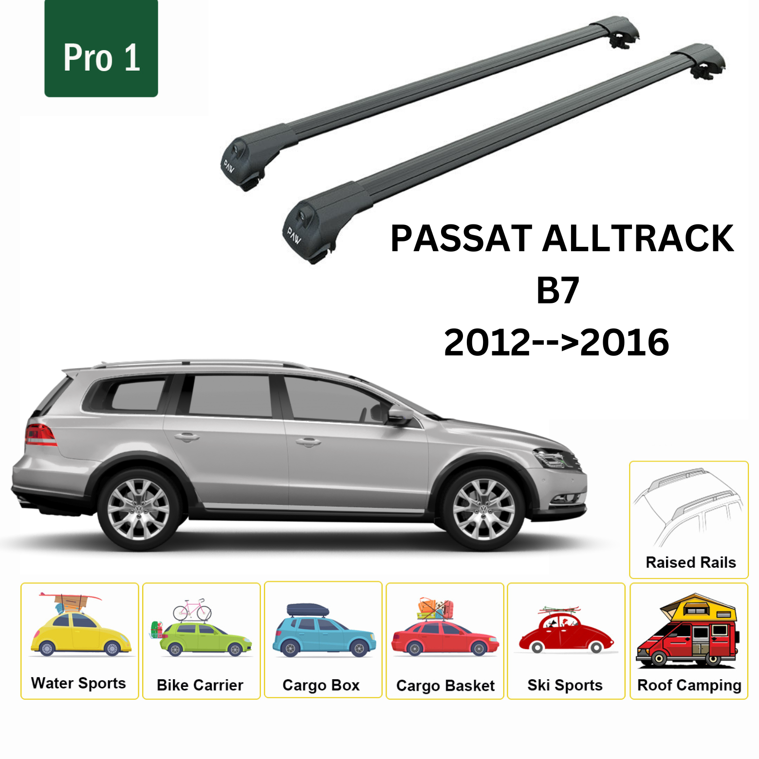 For Volkswagen Passat Alltrack B7 2012-16 Roof Rack Cross Bar Raised Rail Alu Black For Volkswagen Passat Alltrack B7 2012-16 Roof Rack Cross Bar Raised Rail Alu Black